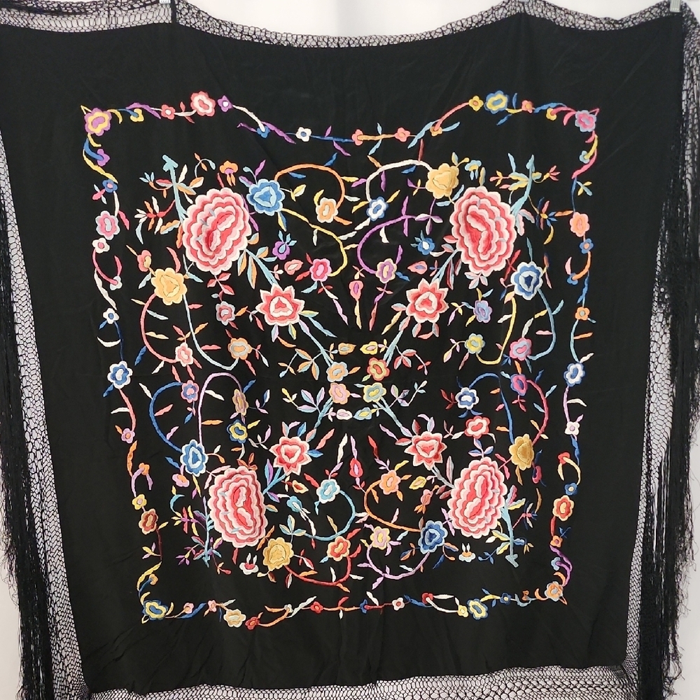 Vintage Silk Floral Embroidered Black Piano Shawl